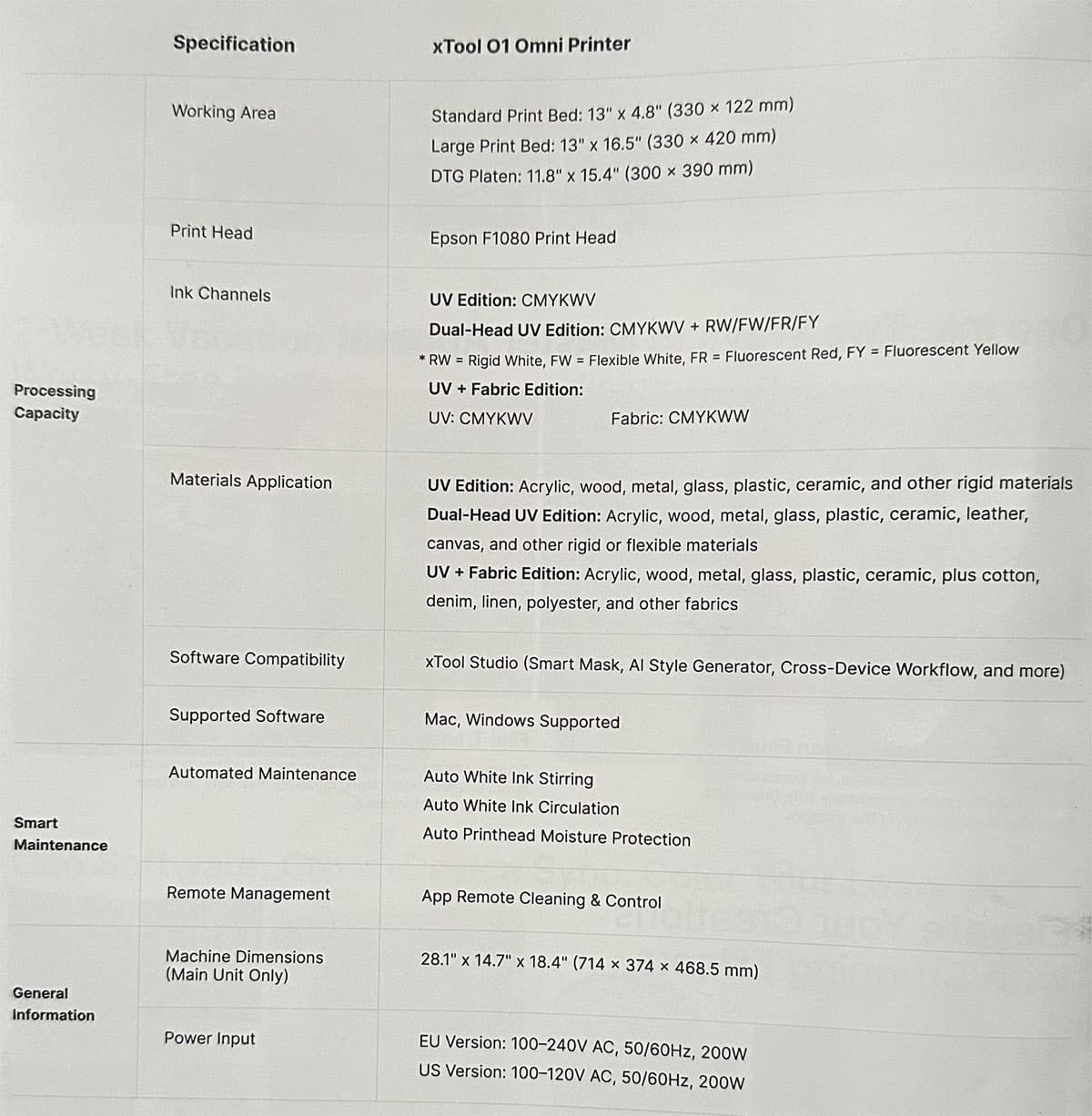 xTool 01 Omni Printer specs