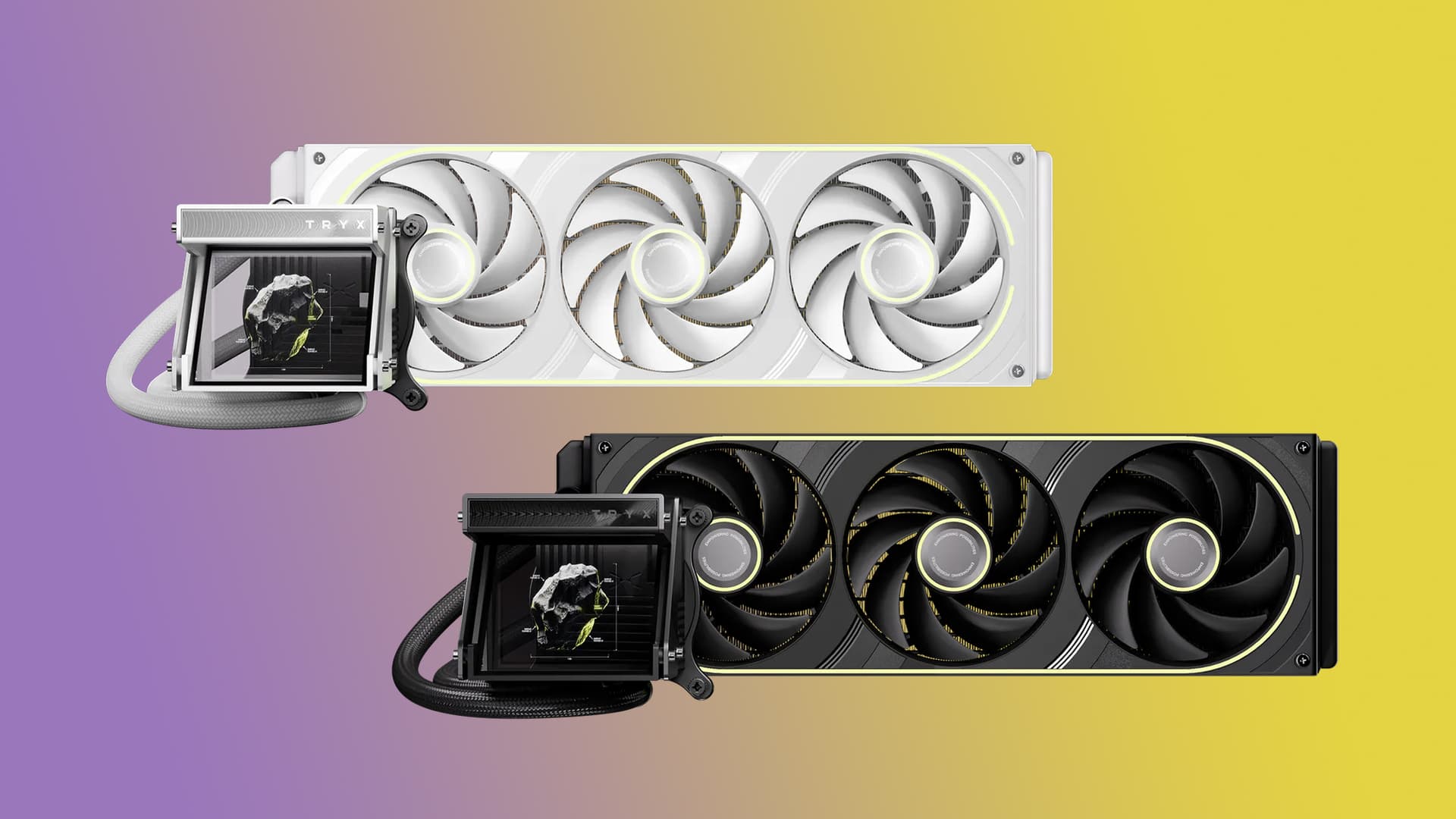 The Tryx Holo 360 AIO liquid cooler in white and black