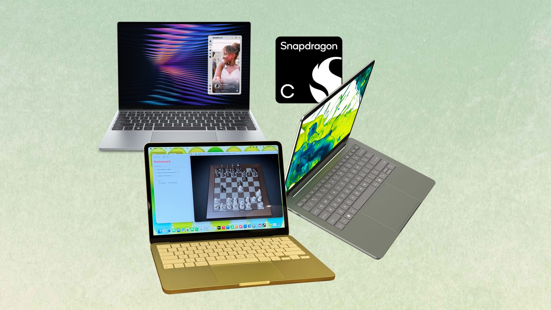 MacBook Neo, Dell XPS 13, Acer Swift Air, Qualcomm Snapdragon C logo, all on a green background.