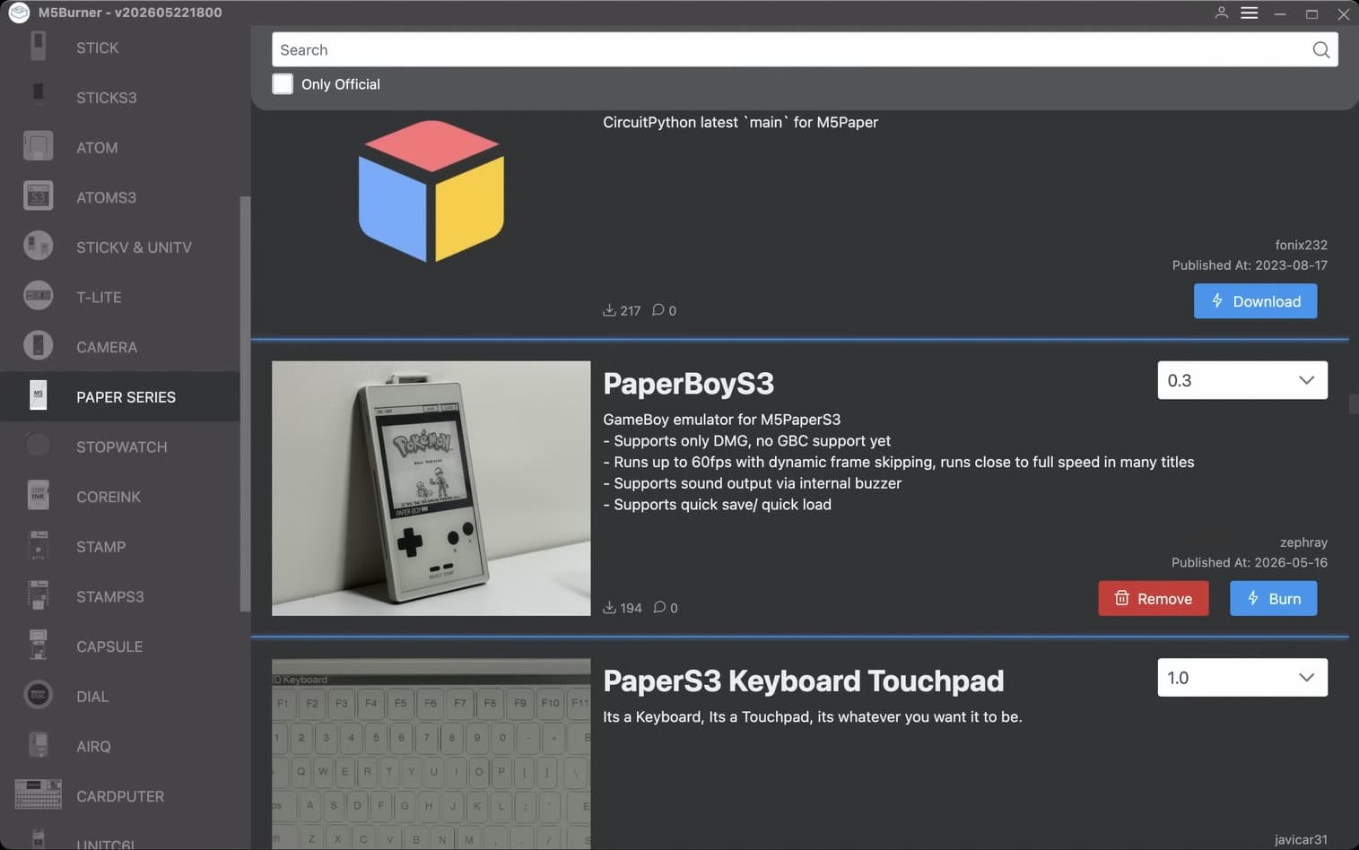 A screenshot of the M5Burner store showing the PaperBoyS3 emulator.