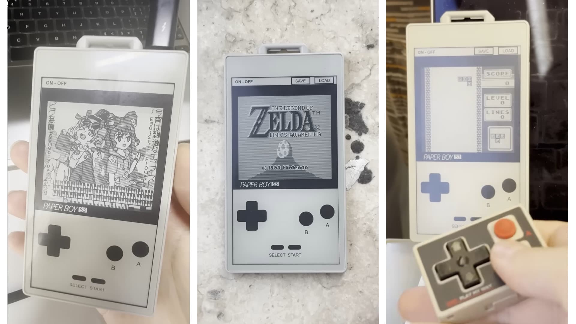 Photos of the PaperBoyS3 emulator running multiple games, and being controlled via Bluetooth.