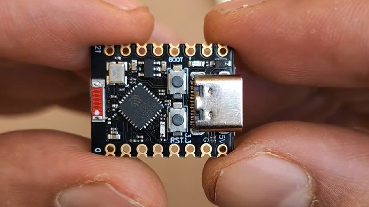 A photo of the tiny ESP32 SuperMini board, bare of any casing.