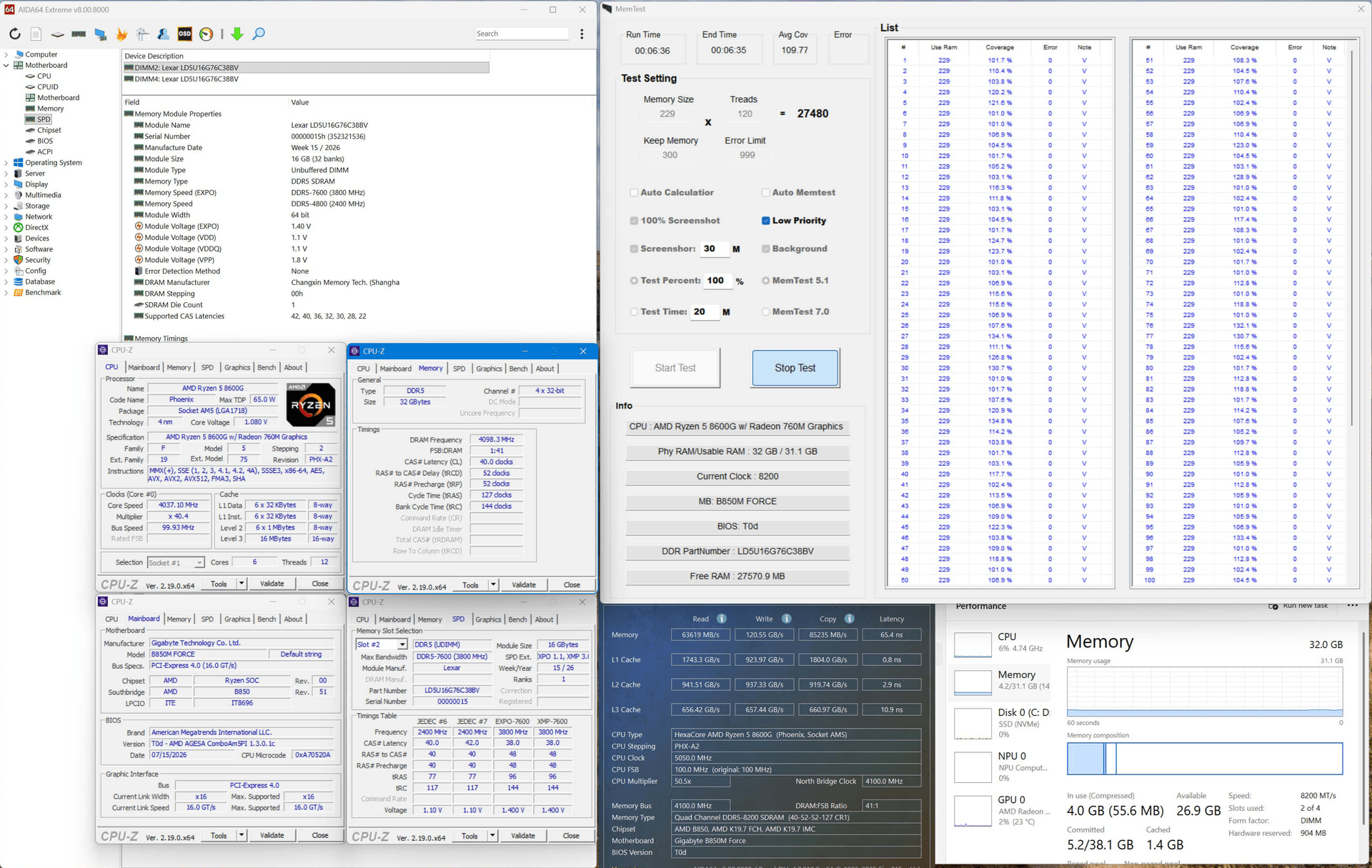 A composite screenshot showing many windows displaying memory overclocking success.