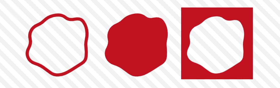 Three variations of a wavy shape rendered in red, showing an outline version, a solid filled version, and a cutout version inside a solid red square.