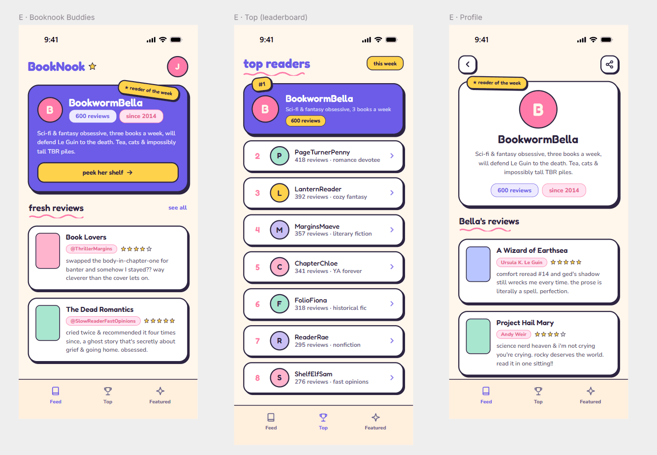 Three screens of the BookNook app: a bookstore guides home feed, a top readers leaderboard, and a reader profile with reviews.