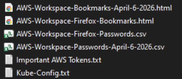 The Private CISA GitHub repo exposed dozens of plaintext credentials to important CISA GovCloud resources. The filenames include AWS-Workspace-Bookmarks-April-6-2026.html, AWS-Workspace-Firefox-Passwords.csv, Important AWS Tokens.txt, kube-config.txt, etc.