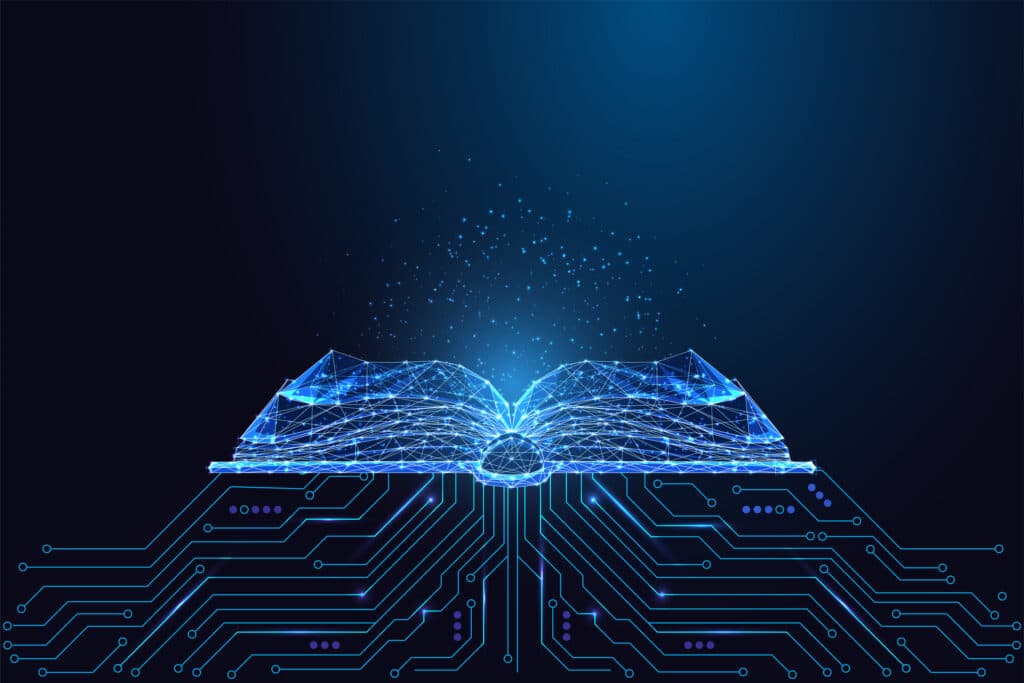 Artificial intelligence and digital education visualized by glowing open book on tech circuit board. Concept of AI learning, online knowledge, smart data, and education innovation. Vector illustration