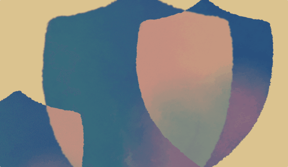 Abstract illustration of three overlapping shield shapes in blue, pink, and purple tones on a beige background.