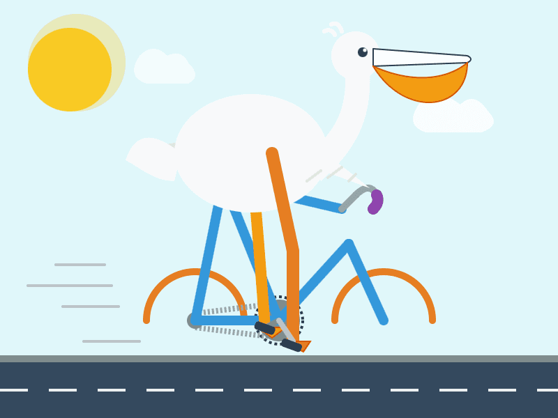 Flat vector illustration of a white pelican with a long neck and large orange beak pouch, hovering above a mangled blue and orange bicycle on a dark grey road with white dashed lane markings. The bike is drawn incorrectly: the wheels are just orange arcs with no rims or spokes, the frame tubes float apart and the handlebars connect to nothing. The background is pale blue with a yellow sun in the upper left, white clouds, and grey speed lines on the left suggesting motion.