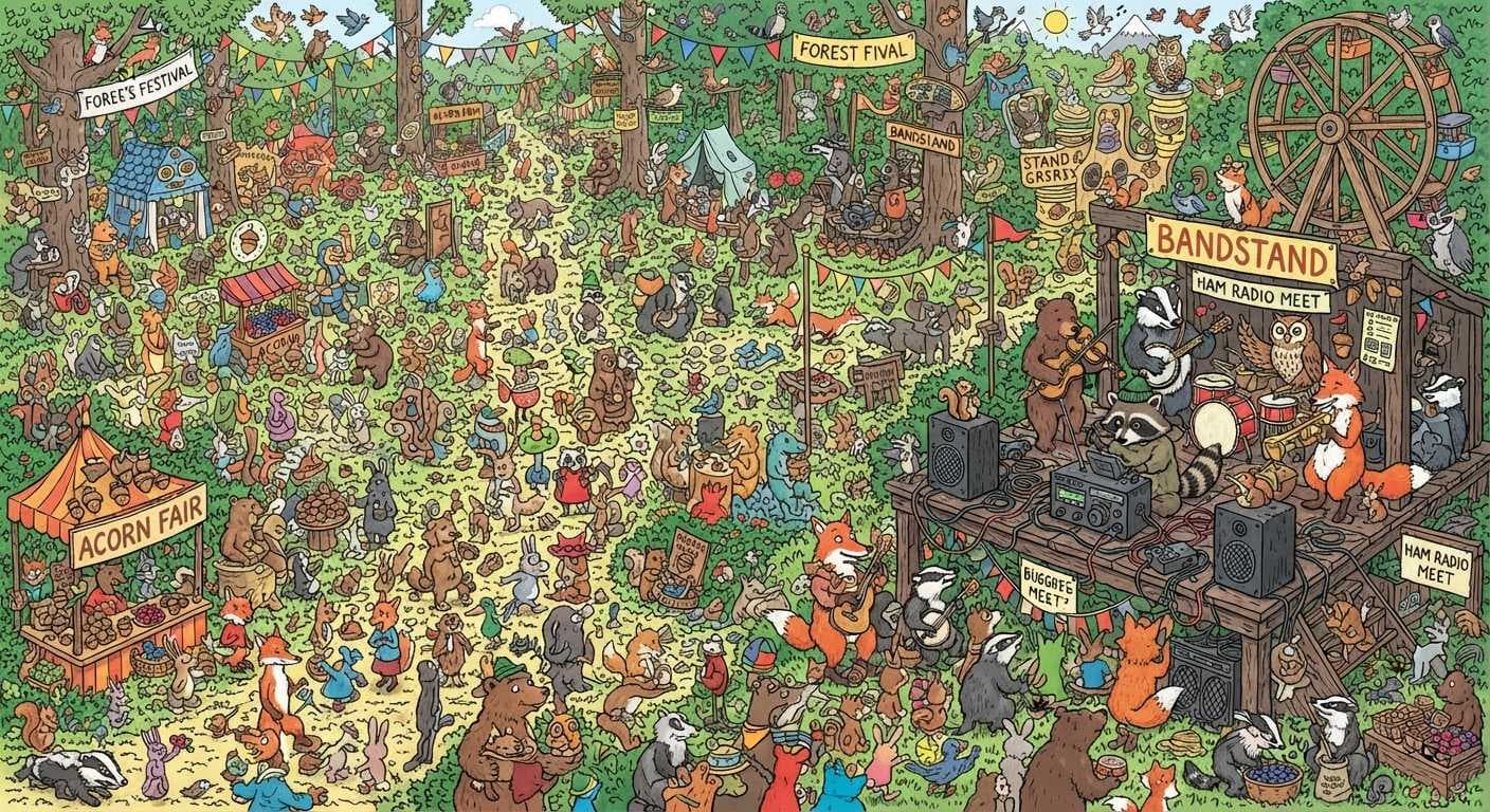 Densely illustrated "Where's Waldo"-style cartoon of a woodland festival filled with anthropomorphic animals (bears, foxes, badgers, rabbits, squirrels, owls) under a banner reading "FOREE'S FESTIVAL" and another reading "FOREST FIVAL," with bunting flags strung between trees, a Ferris wheel on the right, market stalls including one labeled "ACORN FAIR," signs reading "BANDSTAND," "HAM RADIO MEET" (appearing twice), and a stage where a bear plays guitar, a raccoon uses a ham radio, a badger plays drums, an owl looks on, and a fox plays trumpet, with crowds of animals wandering forest paths between trees and mountains in the background.