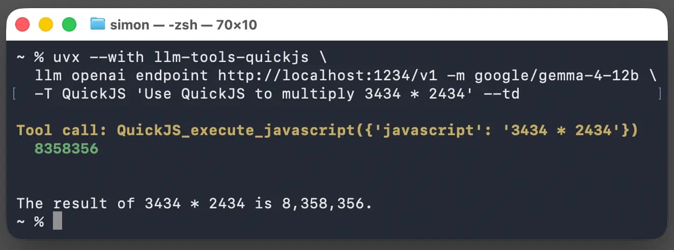 Output reads Tool call: QuickJS_execute_javascript({'javascript': '3434 * 2434'}) 8358356 The result of 3434 * 2434 is 8,358,356.