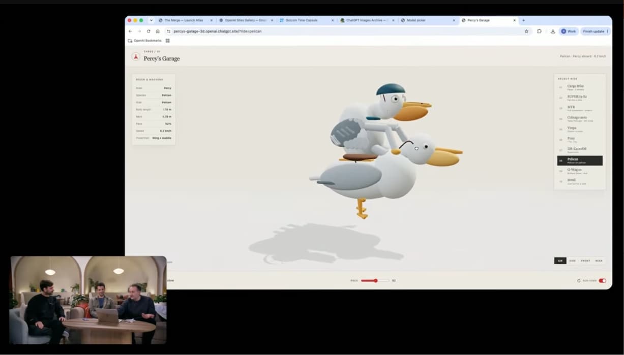 Frame from a livestream showing a 3D model of a pelican riding another pelican
