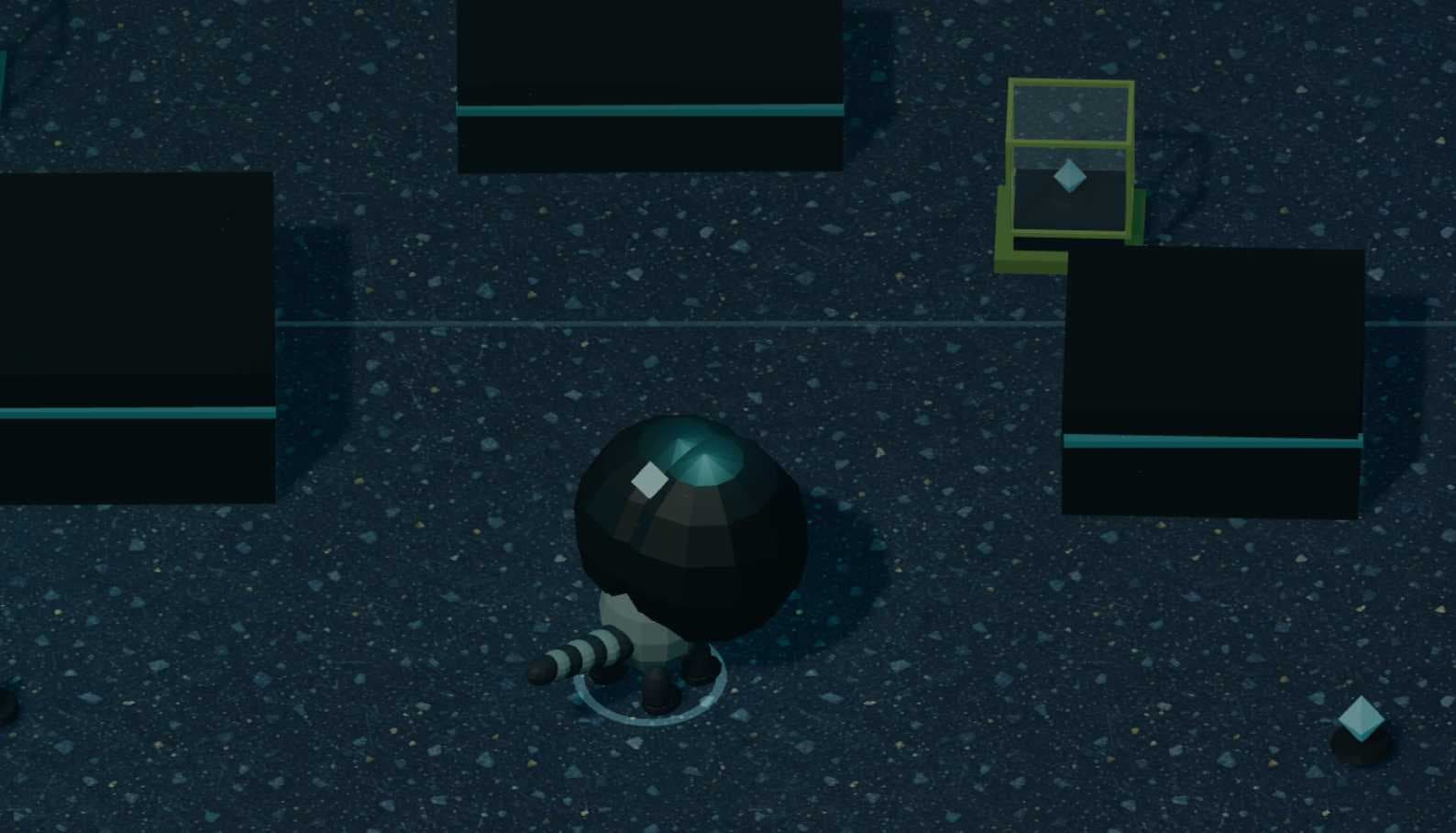 The main player character racoon is visible with an enormous polygon-based black sphere four times the size of its body overlapping its head, with a white pupil on it.