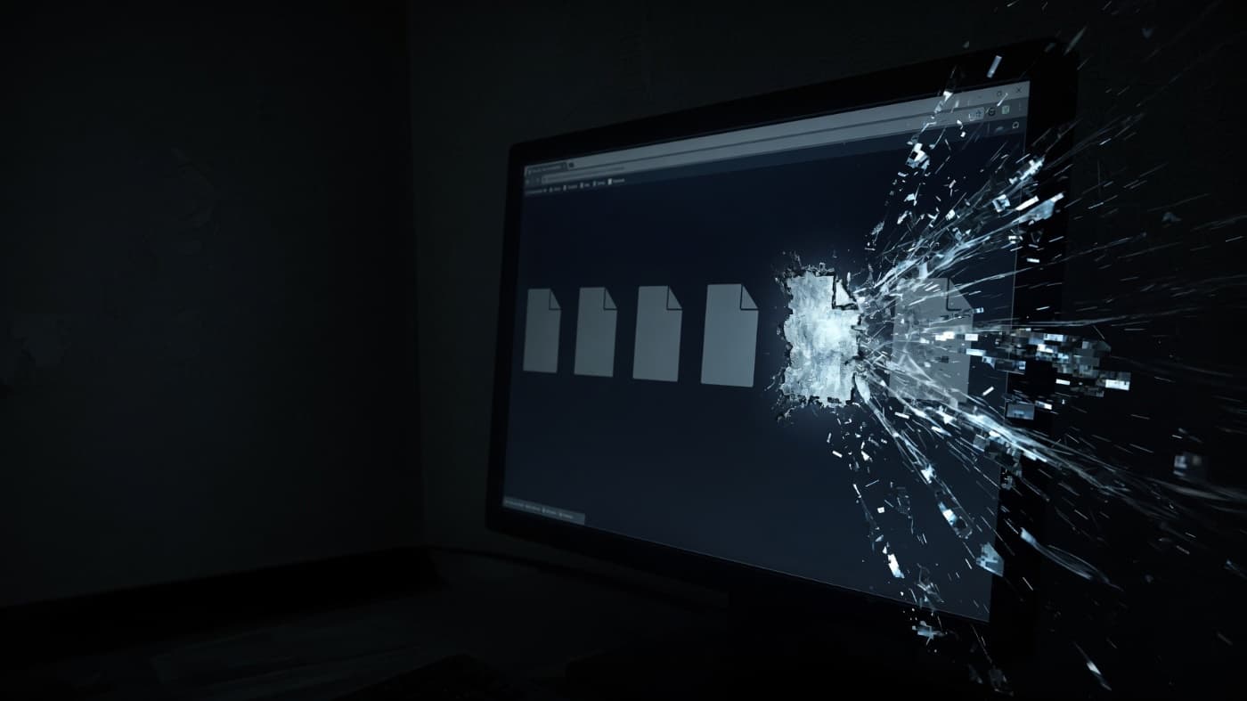 暗い部屋でモニター画面だけが冷たい青白い光を放っている。画面にはフォルダ内のファイルアイコンが並んでいるが、右端でガラスが砕けるように画面が破裂し、破片が飛び散っている。