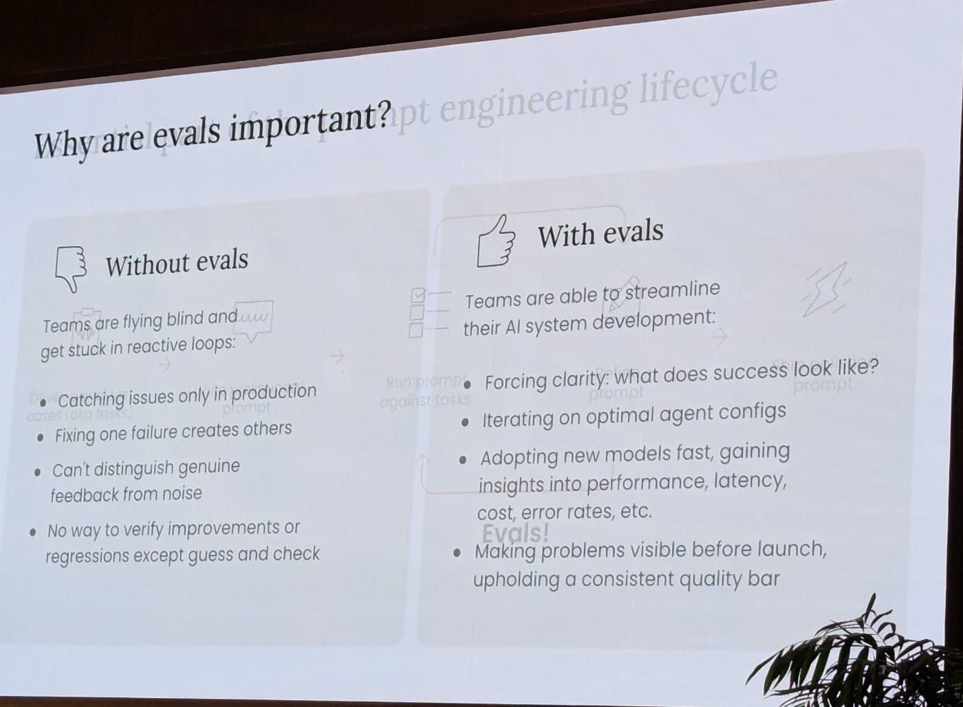 evalsセッションのスライド「Why are evals important?（Without evals / With evals）」