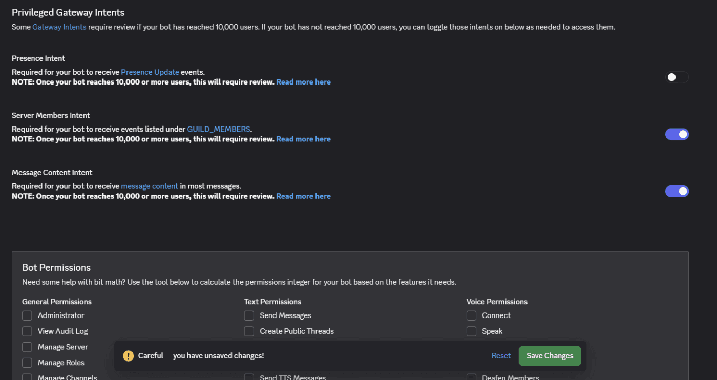 Message Content Intent と Server Members Intent を ON に