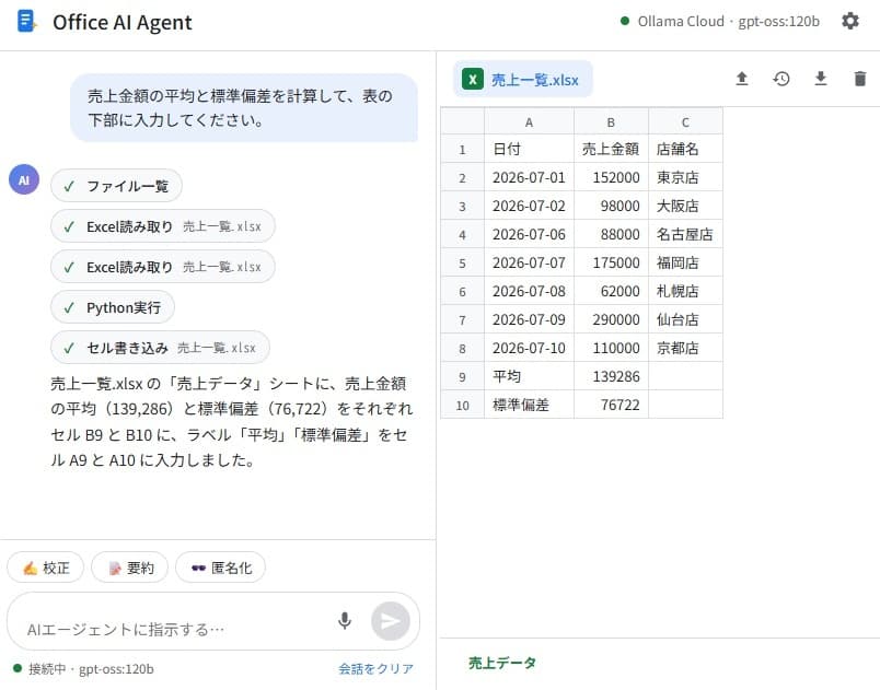 チャット欄のツール呼び出し(ファイル一覧→Excel読み取り2段階→Python実行→セル書き込み)と、それに連動して更新されたExcelプレビューが並んだ画面