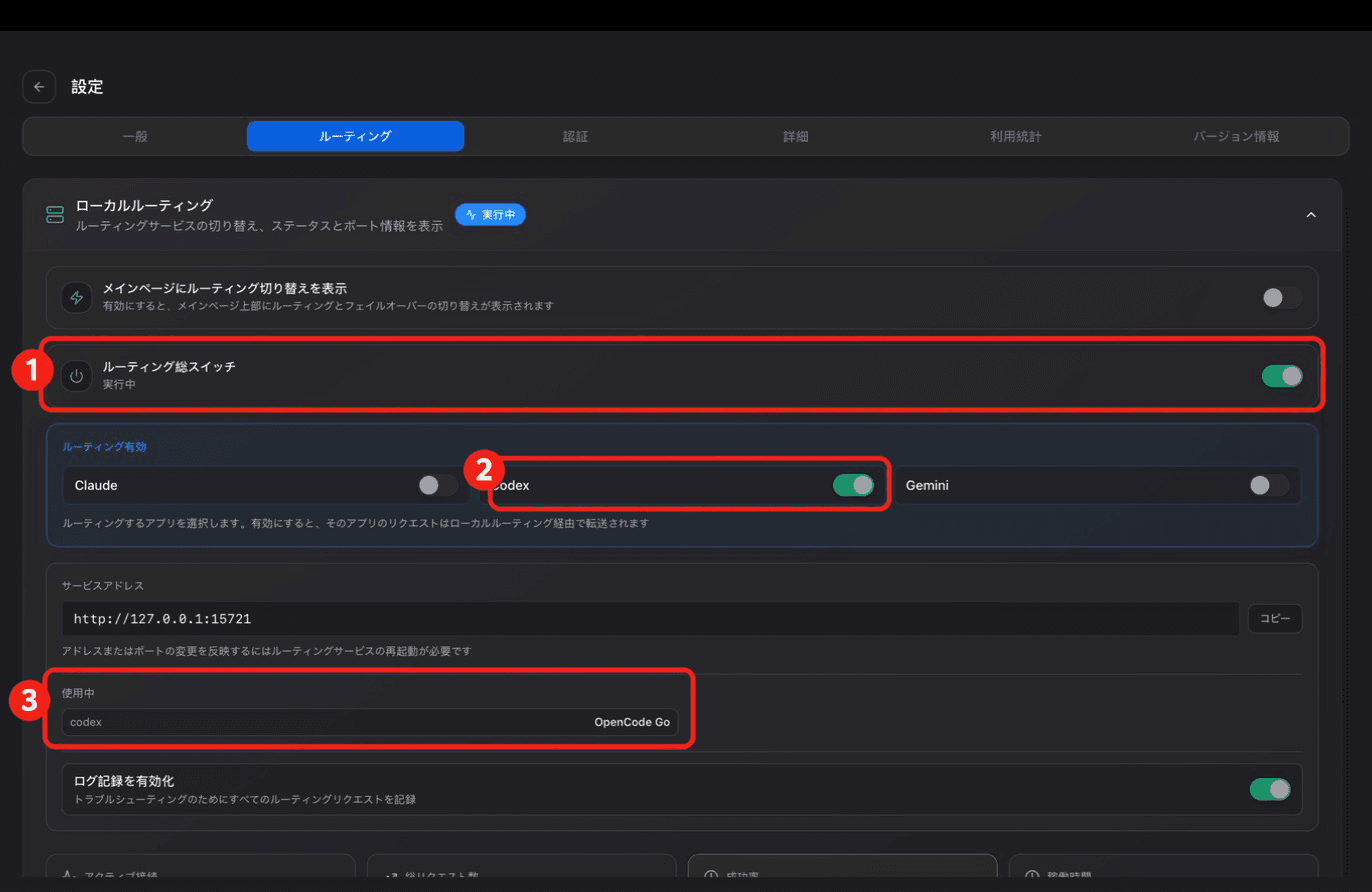 CC SwitchでCodexだけローカルルーティングを有効にした画面