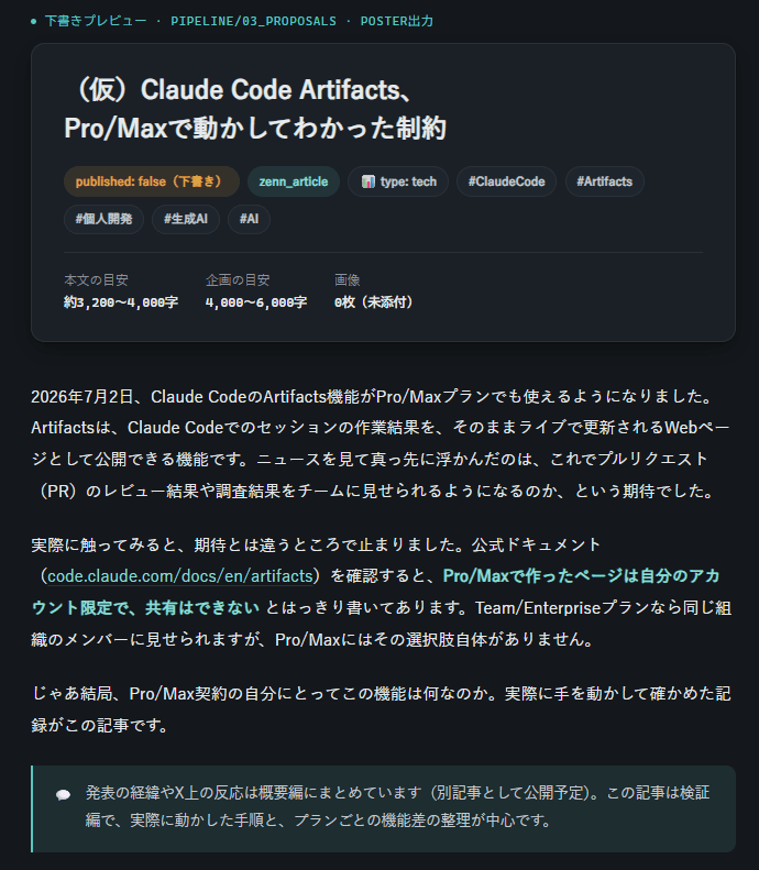 Zenn記事の下書きをArtifactでプレビューしている画面。タイトルカードと本文冒頭が整形されて表示されている