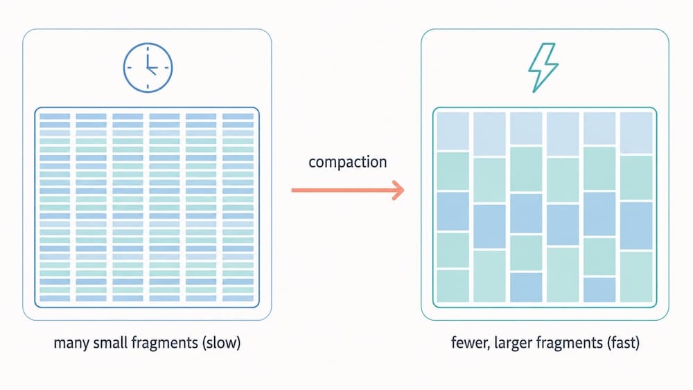 Lance fragment compaction: many small fragments (slow) compacted into fewer, larger fragments (fast)