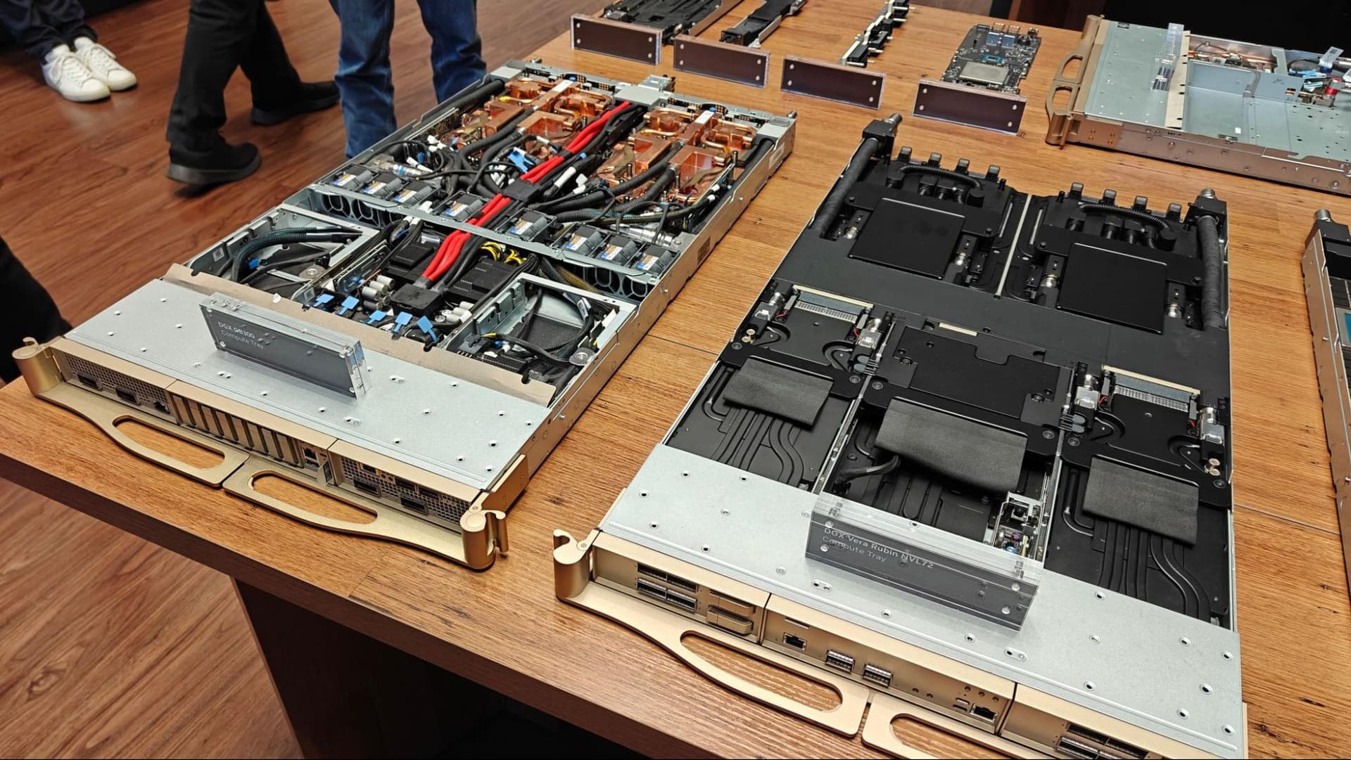 Partially disassembled NVL72 Vera Rubin trays on a table.