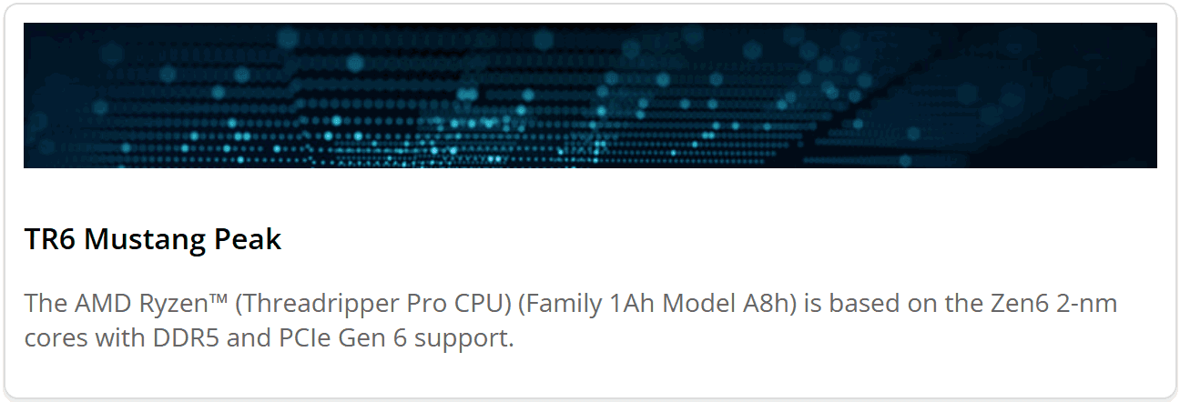 A screenshot of AMD's Technical Information Portal showing a few details about "TR6 Mustang Peak".