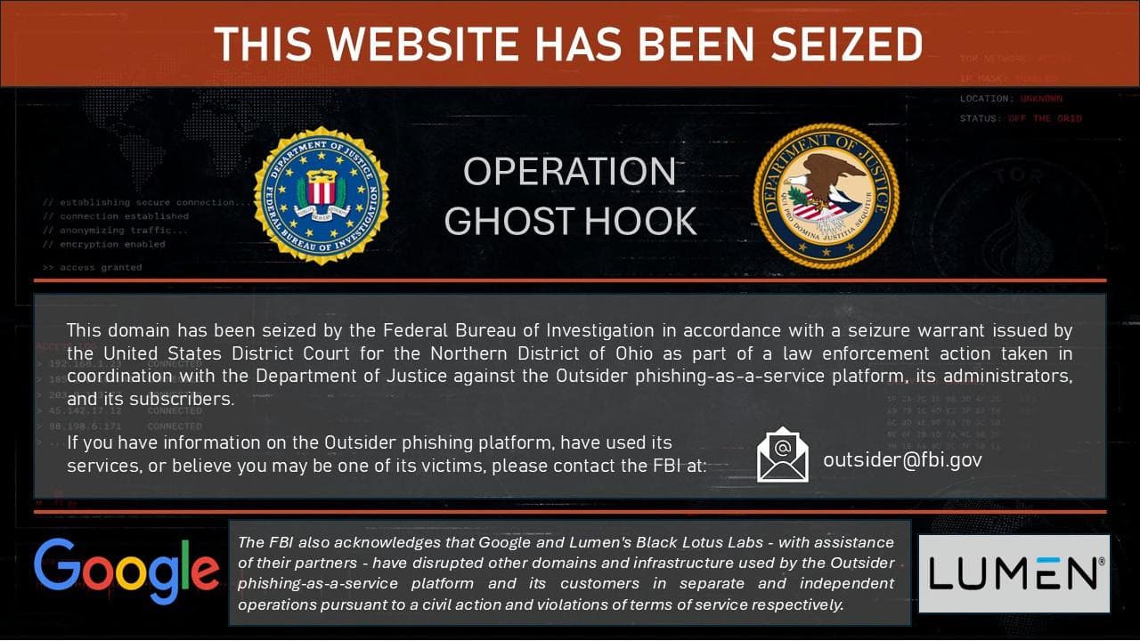 An FBI takedown notice for a site caught under Operation Ghost Hook.
