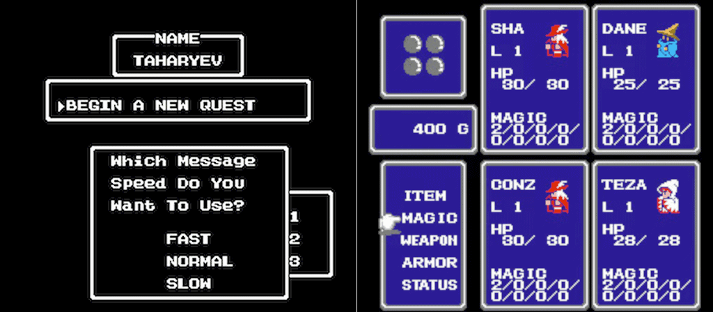 Screenshots of Dragon Warrior and Final Fantasy for the 8-bit NES showing character names generated by AI.