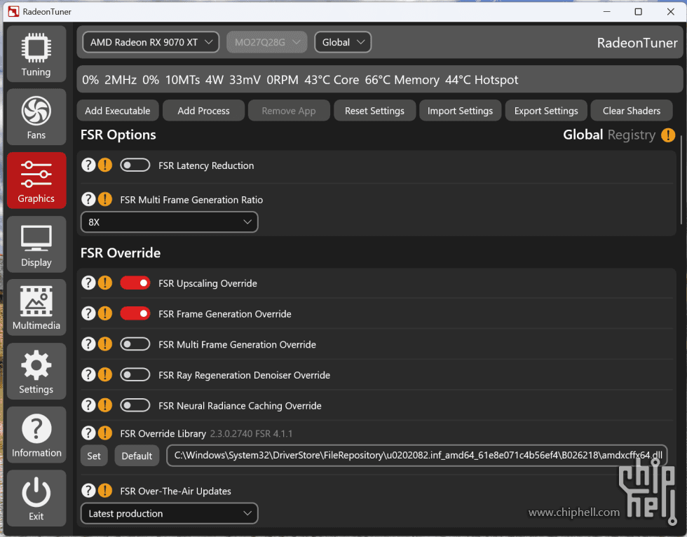 A screenshot of RadeonTuner revealing FSR Multi Frame Generation settings