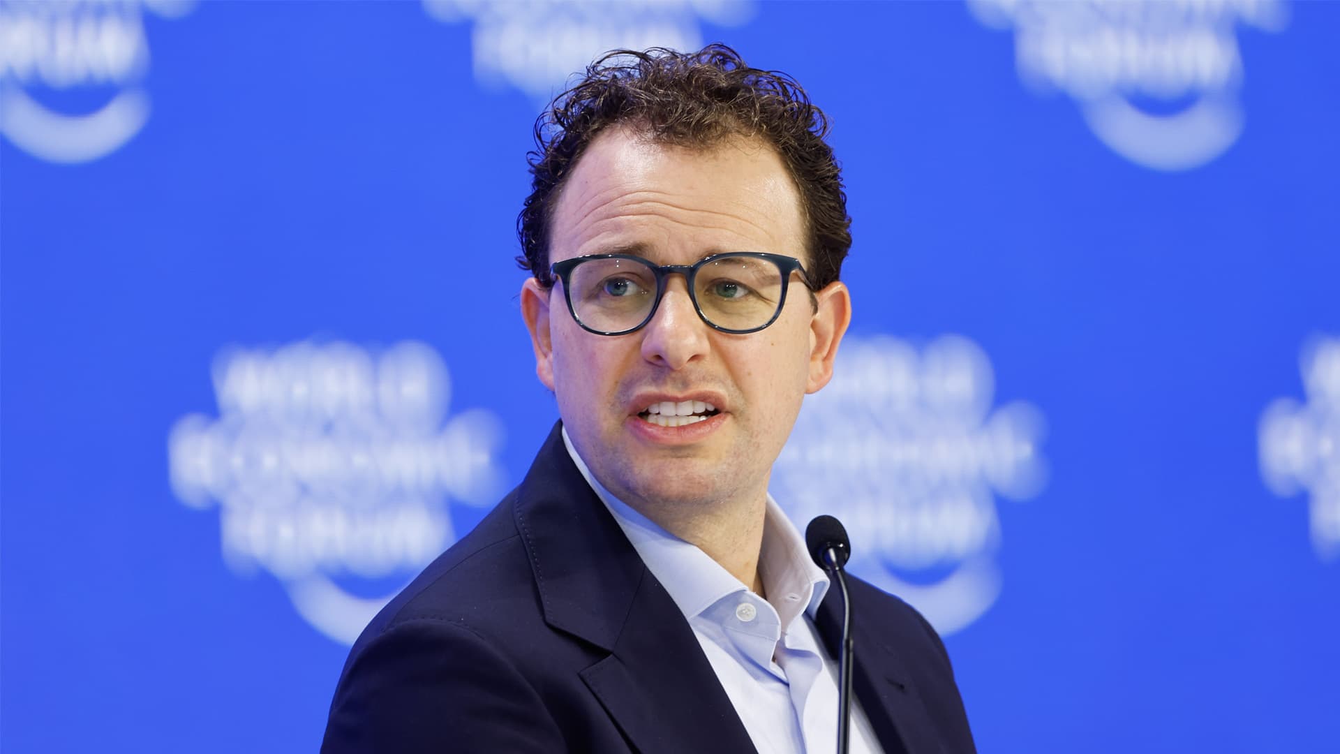 Dario Amodei, Anthropic CEO, on stage during a conference.