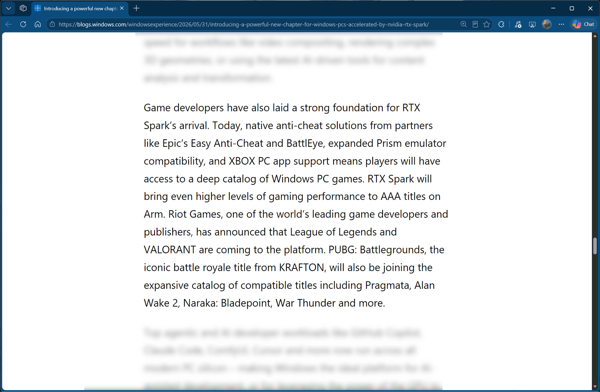 Microsoft's words on RTX Spark natively supporting anti-cheat software