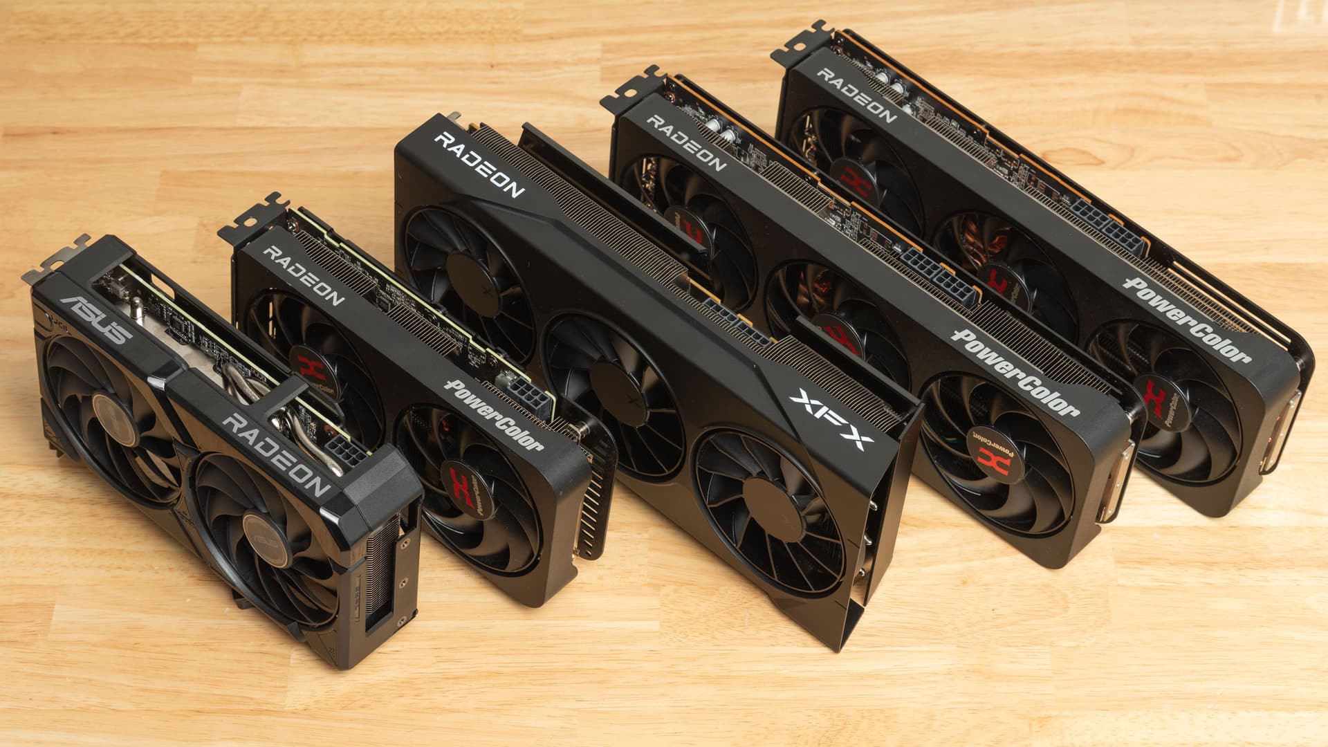 A group of RDNA 4 Radeon cards