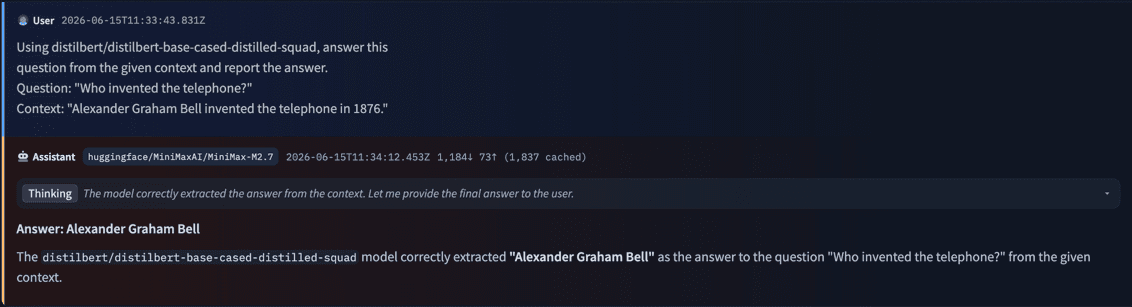 A run rendered in the Hub's agent-traces viewer: MiniMax-M2.7 on the answer-question task