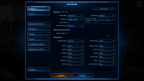 Settings menu in Starcraft II.