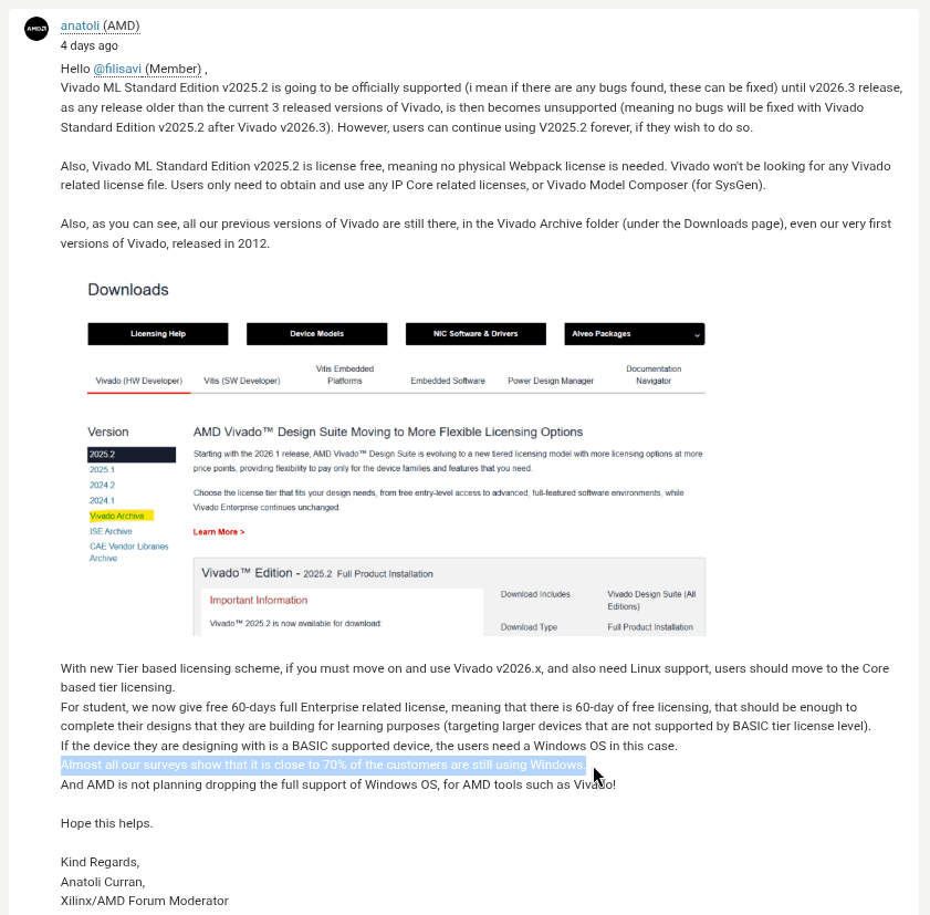 this is a long screenshot of a forum reply by anatoli curran, a forum moderator for xilinix and amd, the highlighted part shows a 70% customers of vivado are on windows claim
