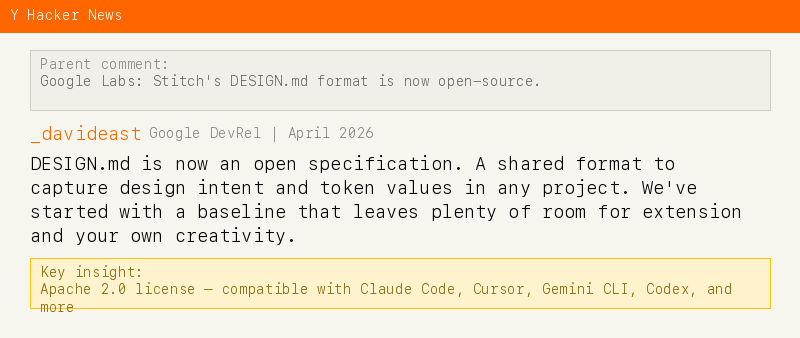 David East (Google DevRel) announces DESIGN.md as open specification — Apache 2.0, compatible with Claude Code, Cursor, Gemini CLI, Codex