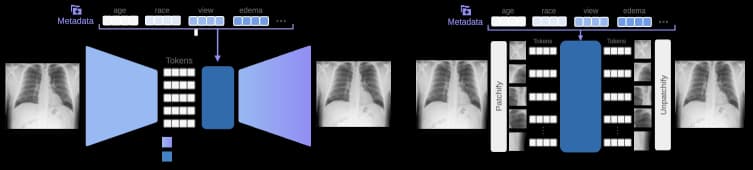 Figure 8: Rectified flow transformer architectures.<br>
(a) Latent-space rectified flow models operate on Rad-VAE latent tok