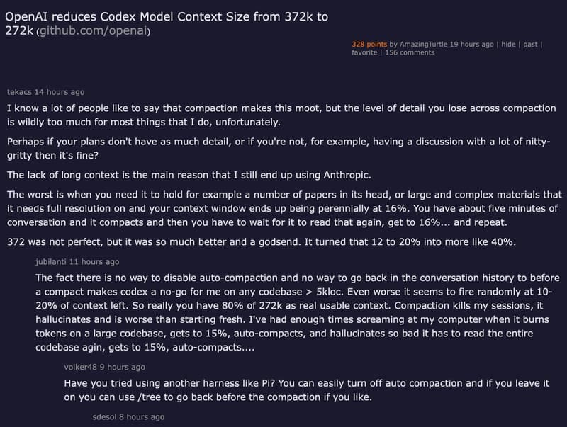 Hacker News thread: OpenAI reduces Codex context size from 372K to 272K — 202 points discussing inference cost pressure