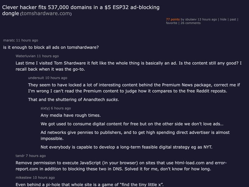 Hacker News thread: Clever hacker fits 537,000 domains in a $5 ESP32 ad-blocking dongle