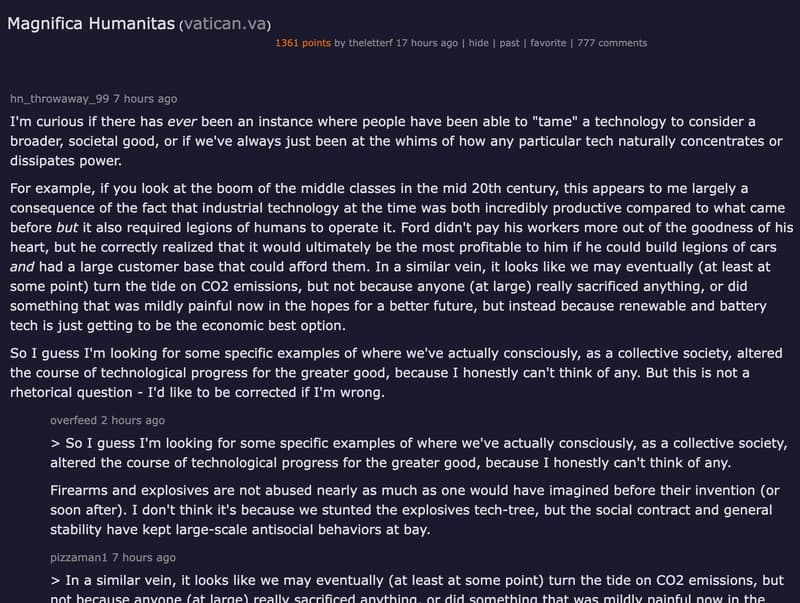 HN thread on Magnifica Humanitas Encyclical
