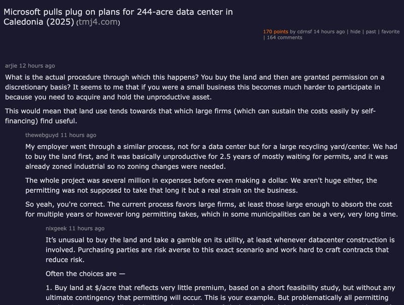 HN thread on Microsoft pulling its Caledonia 244-acre data center after community pushback