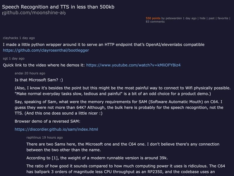 Hacker News thread: Speech Recognition and TTS in less than 500KB — 521 points discussing Moonshine's micro voice interface