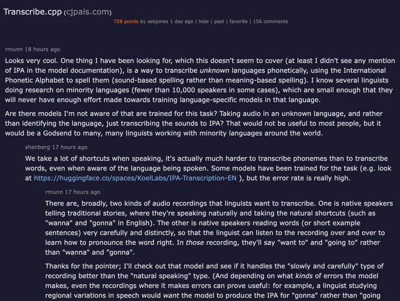 Hacker News thread: Transcribe.cpp — 667 points, 140 comments discussing local speech-to-text inference