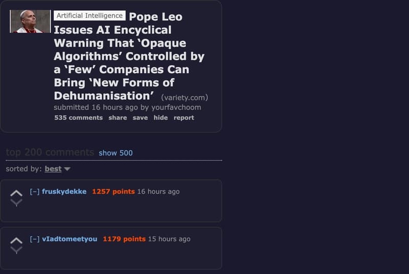 Reddit r/technology thread on Pope Leo's AI encyclical at 12,505 upvotes