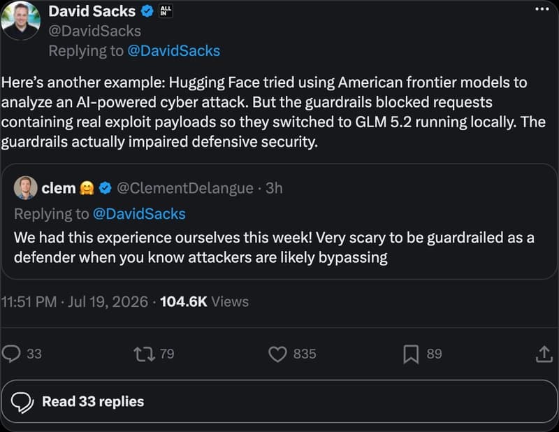 David Sacks on X: Hugging Face switched to GLM 5.2 running locally after guardrails blocked analysis of a real cyberattack