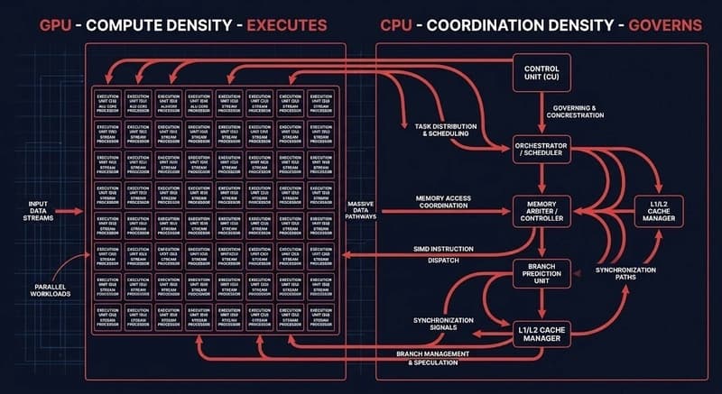 CPU is back in the stack — GPU executes, CPU governs split diagram