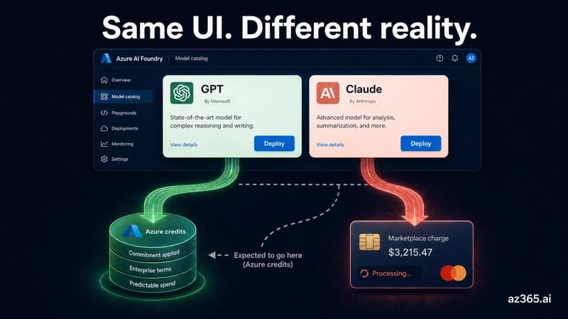 Azure AI Foundry model catalog showing a native GPT card and a Marketplace Claude card with near-identical UI, where the GPT path draws down Azure credits but the Claude path bills a Marketplace charge to the card on file.