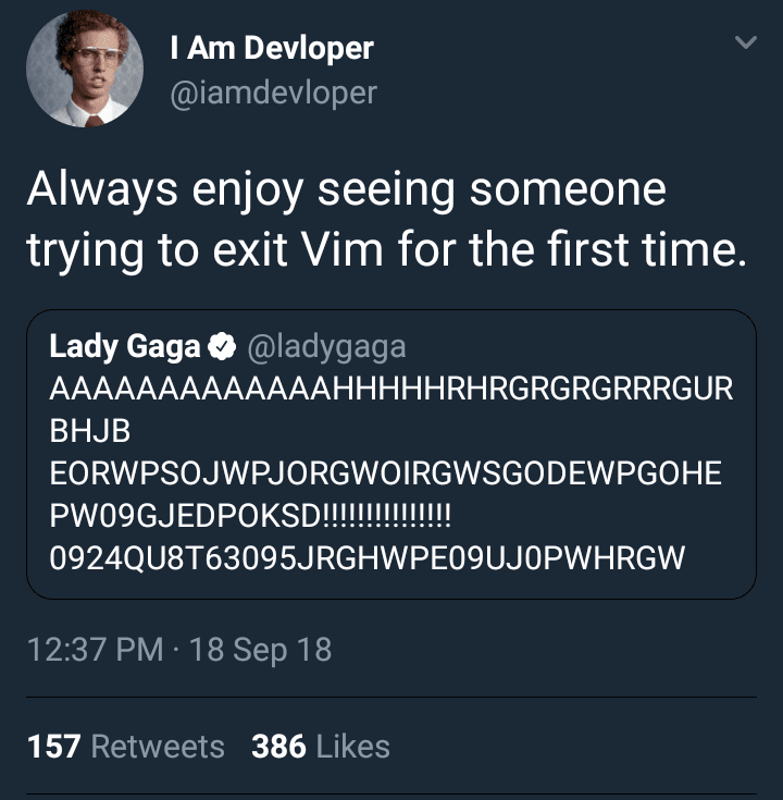 Twitter Post making a joke about someone who can't exit VIM when they posted a bunch of garbage text