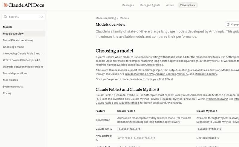 Claude model documentation screenshot