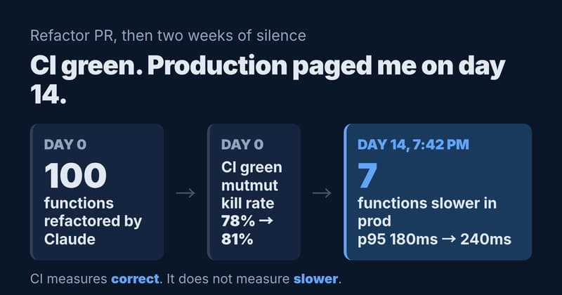 Timeline: 100 functions refactored on day 0, CI green, on-call paged on day 14 with 7 functions slower in production